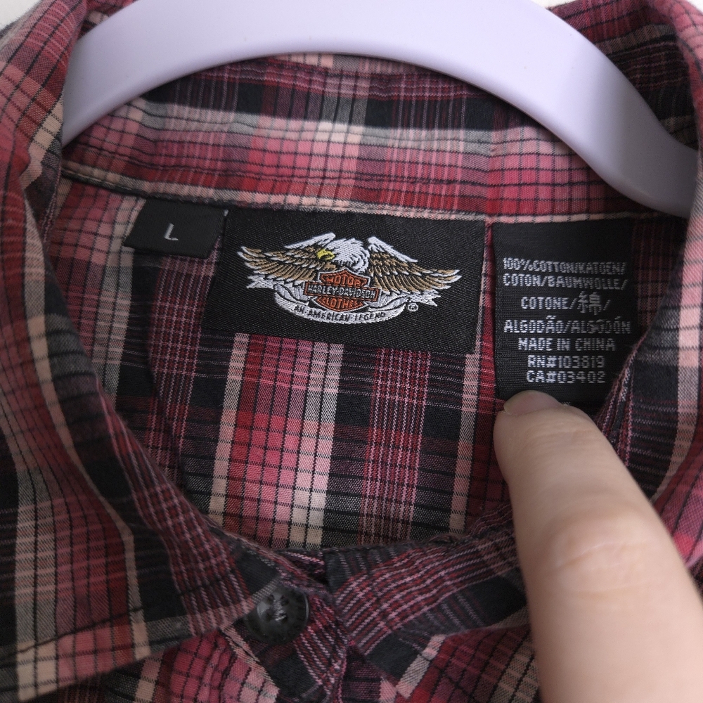 HARLEY DAVIDSON‎ Embroidered Logo Pink Check 3/4 Sleeve Casual Shirt L - Picture 8 of 8